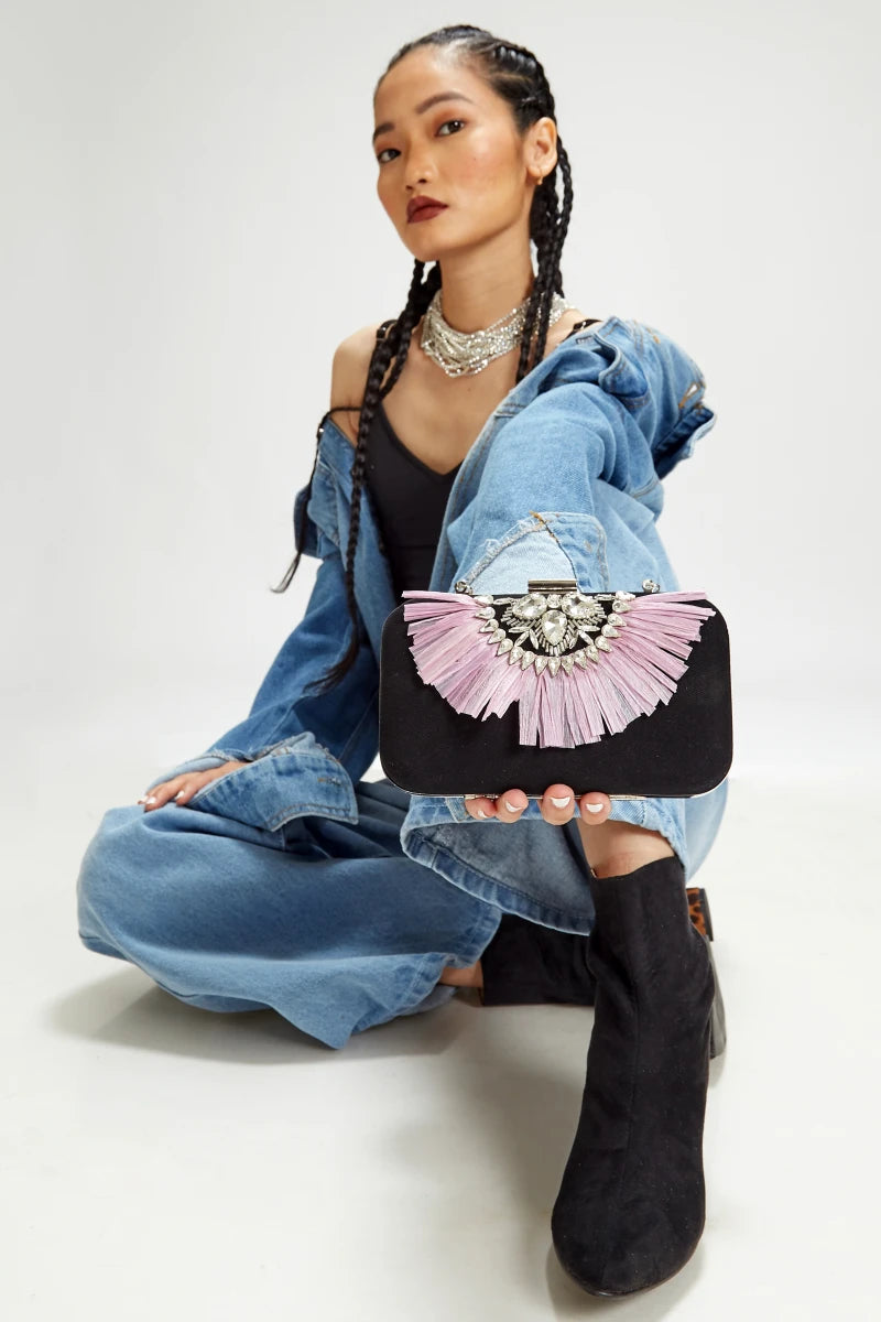 Royal Violet Raffia Denim Clutch Bag by Madish