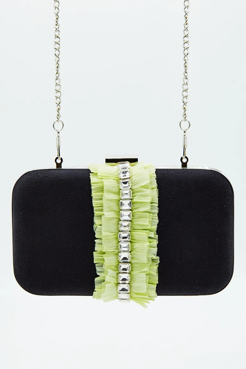 Stone Studded Green Raffia Denim Clutch Bag by Madish
