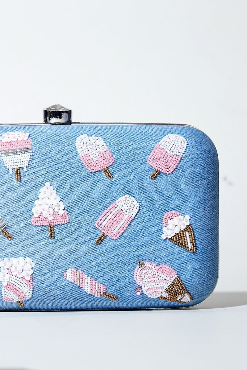 Creamy Ice Cream Embroidered Denim Clutch Bag by Madish