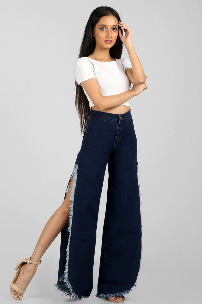 Fringed Wide Leg High Waist Jeans by Madish