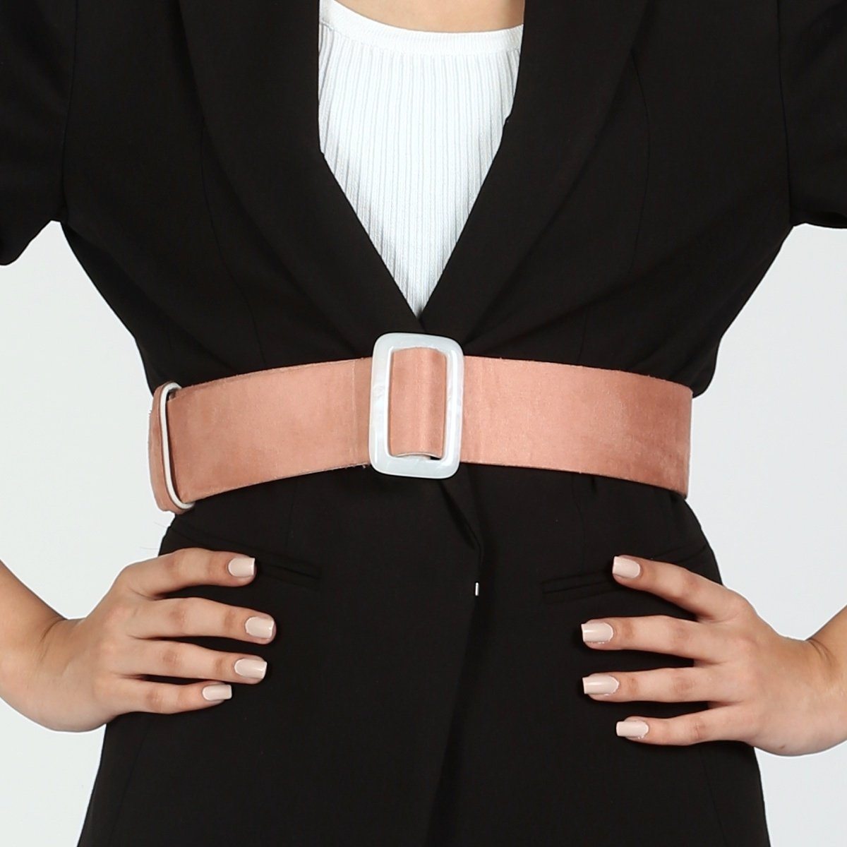 Pearl White Buckled Blush Pink Belt by Madish
