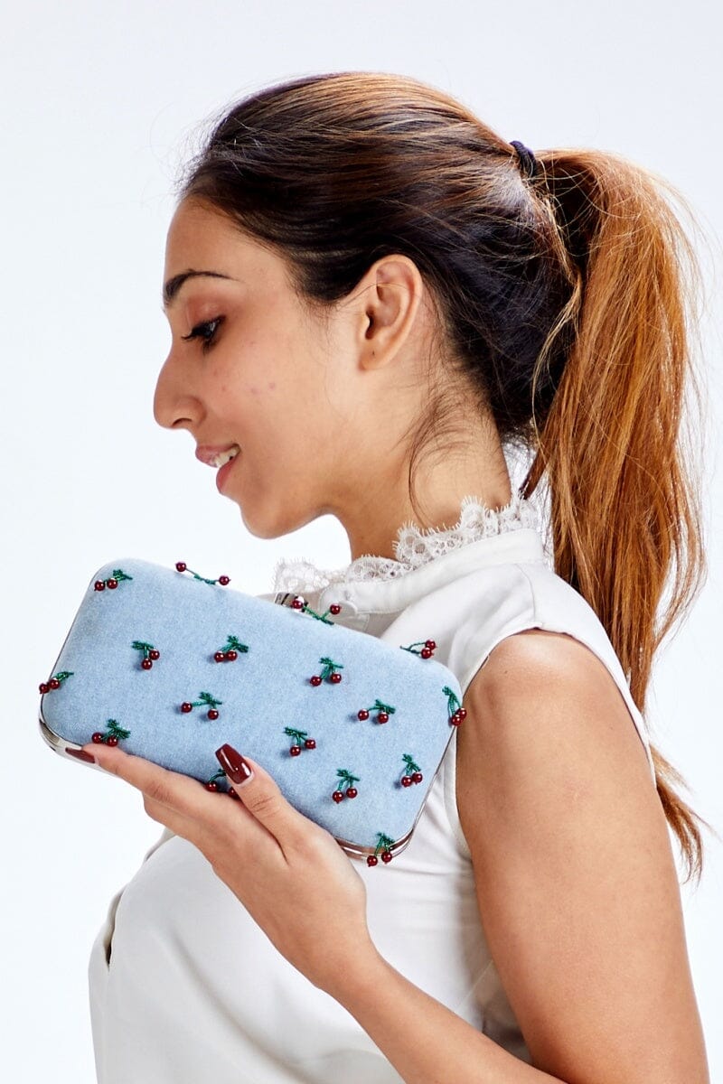 Sweet Cherry Embroidered Denim Clutch Bag by Madish